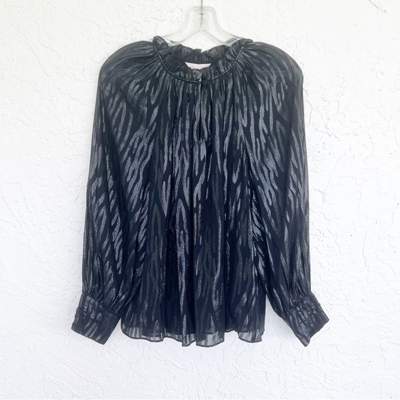 Rebecca Taylor Revolve Shirt Safari Metallic Ruffle Silk Blouse in Black - Picture 7 of 13
